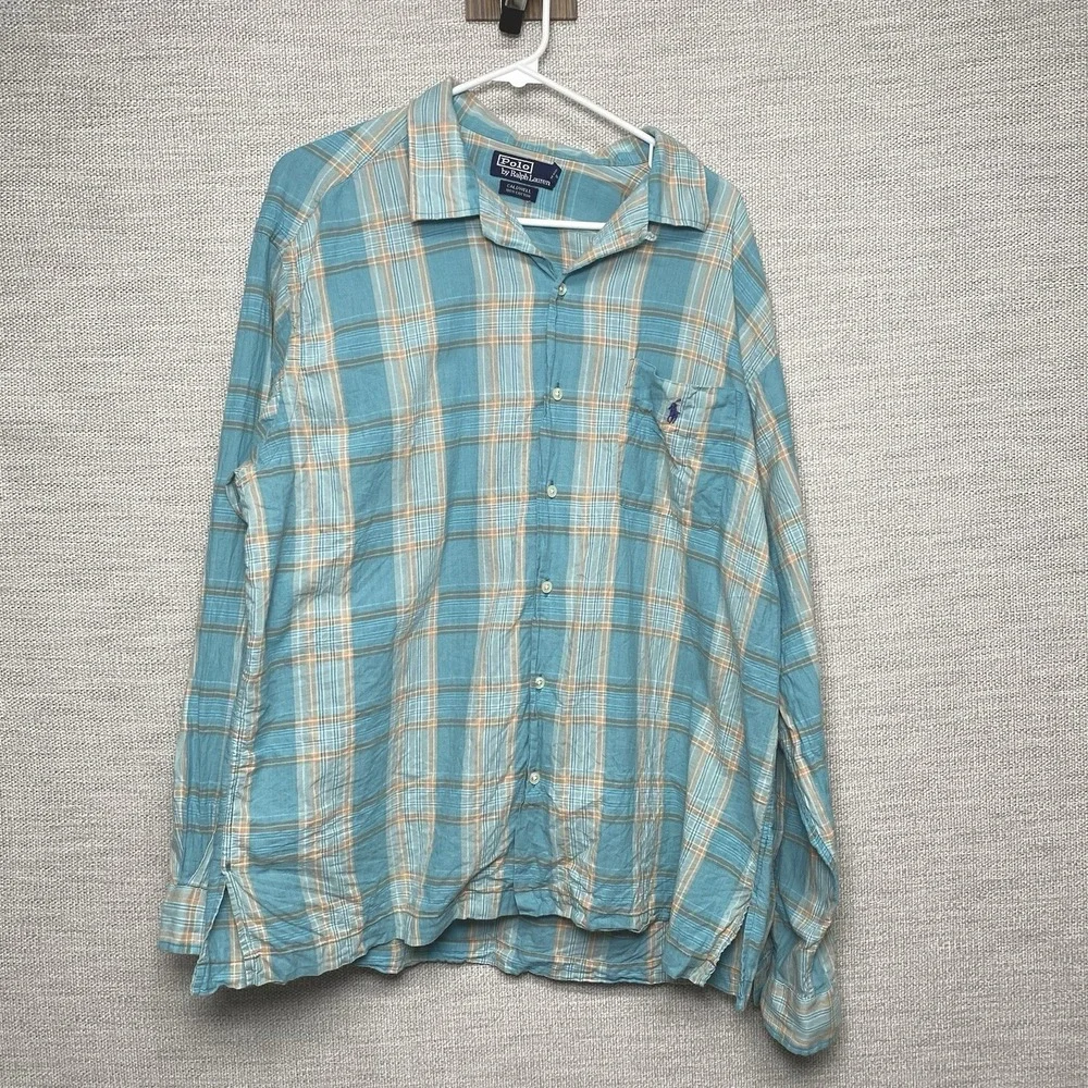 Polo by Ralph Lauren Caldwell Madras Camp Shirt XL Loop Collar Blue Orange Plaid